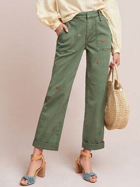 Anthropologie Floral Embroidered Utility Pants Straight Leg Cuffed Green 27